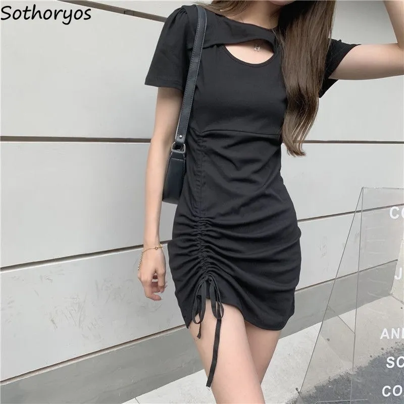 

Short Sleeve Dresses Women Casual Hole Solid Streetwear Draw String Fashion A-line Round Neck Summer Chic Designer Mini Vestidos