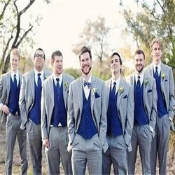 2021 New Style Peak Lapel Light Gray Men's Suit And Groom Best Fashion Tuxedo 5 Pieces(Coat + Pants + Vest + Tie + Handkerchief)