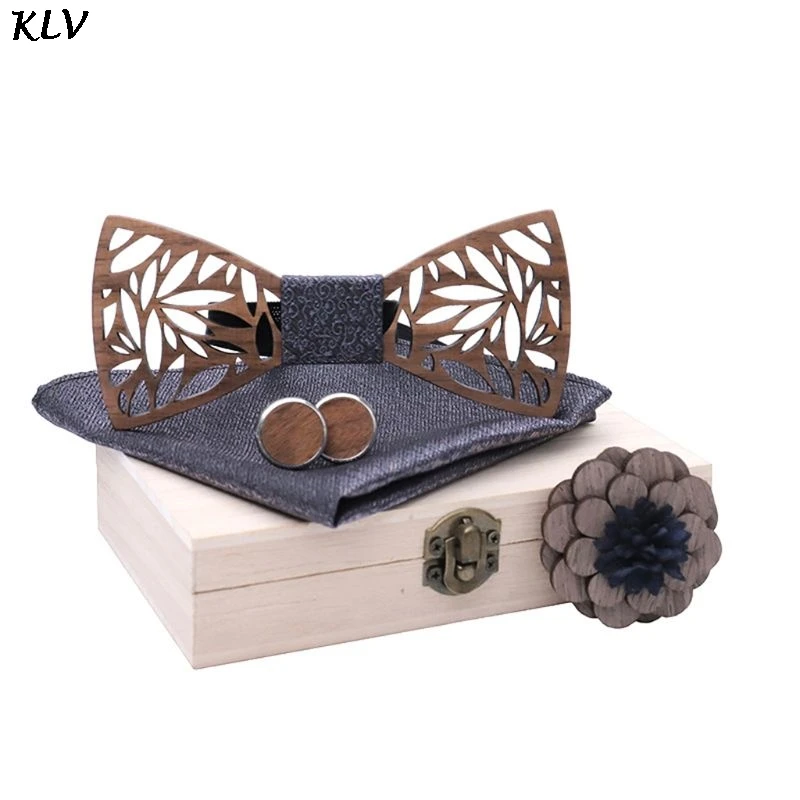  Wooden Bow Tie Handkerchief Set Men Women Hollow Wood Carved Floral Corsage Cufflinks Jewelry Gifts