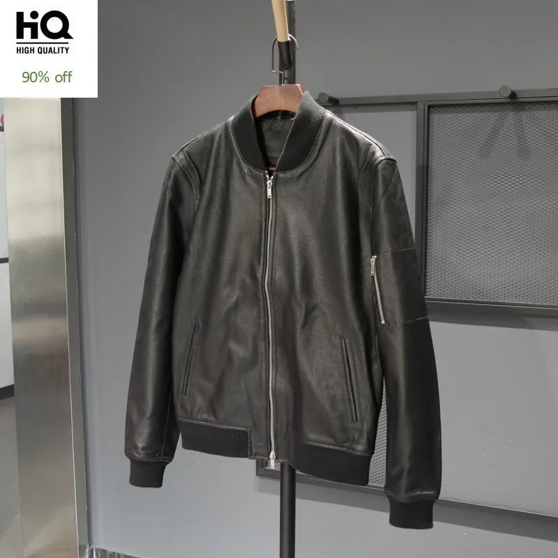 

New Men Sheep Leather Jackets Autumn Hollow Out Stand Collar Slim Aviator Bomber Jackets Casual Genuine Real Leather Pilot Coats