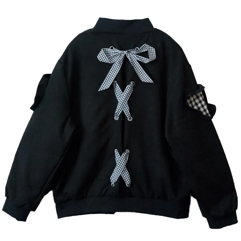 Женская куртка-бомбер с вышитыми буквами в стиле Харадзюку Kawaii, с рюшами в виде сердца, для девочек-подростков, замшевое пальто, зимнее милое облегающее клетчатое черное пальто
