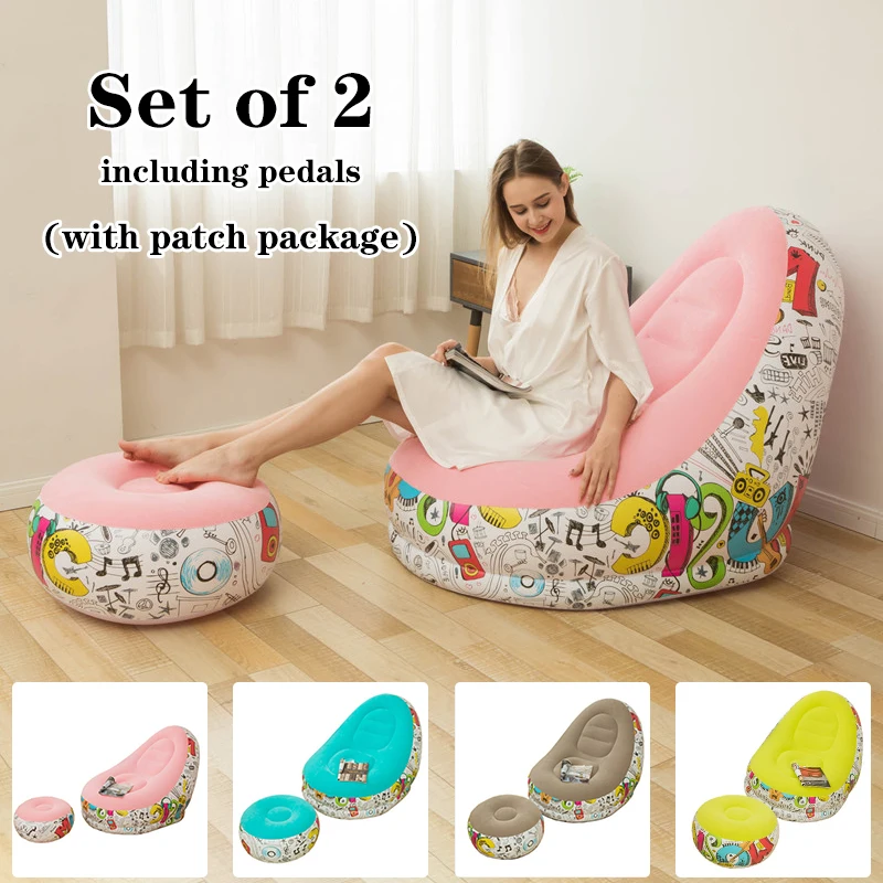 

Inflatable Leisure Sofa Chair and Footstool Outdoor Folding Lounger Sofa Flocking Lazy Couch for Living Room Bedroom Balcanoy