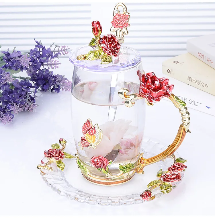 European Style Luxury Enamel Transparent Glass Rose Crystal Glass Cup Household Heat-Resistant Cup Flower Coffee Cup Ceremony