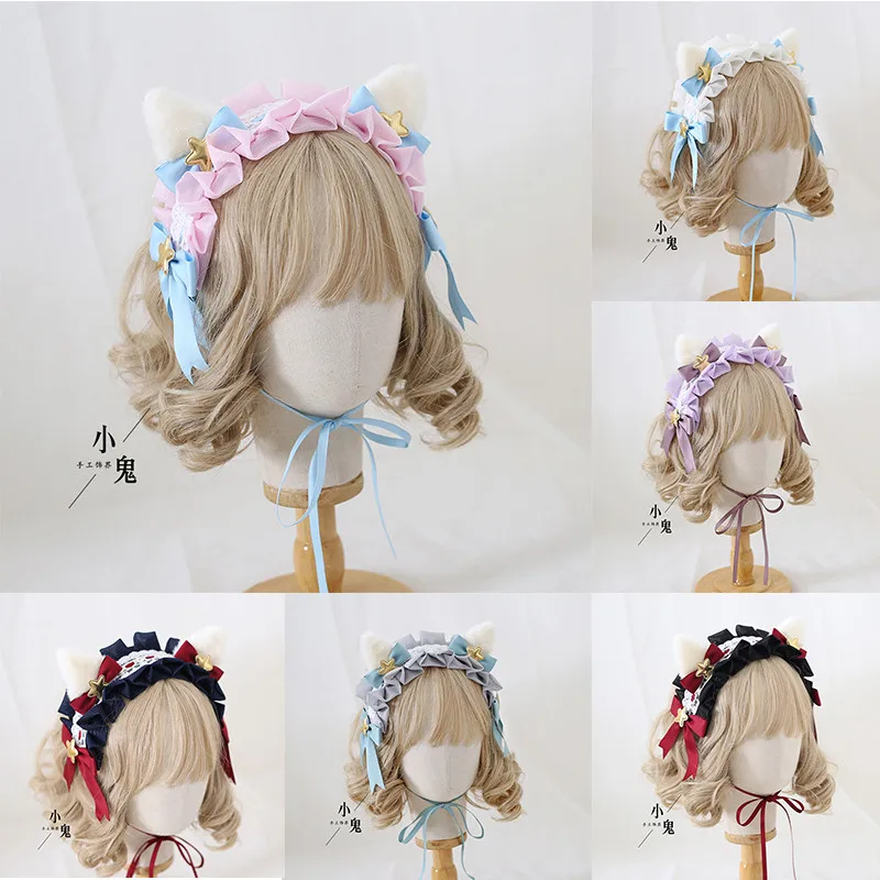 

Anime Maid Magic Cat Lolita Cute Plush Cat Ear Hair Band Japanese Soft Girl Headband Accessories Bow Lace Hair Hoop Headdress