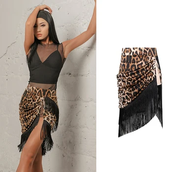 

Latin dance leopard skirt double print encryption fringed skirts lady practice clothes tango salsa cha rumba samba