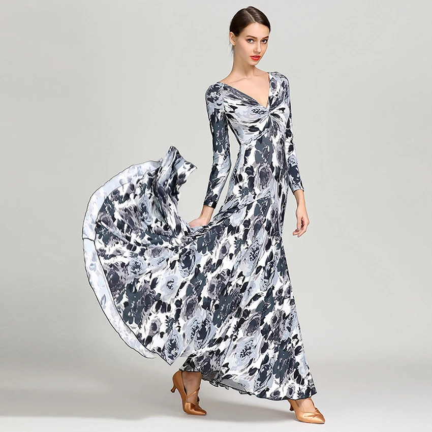 

Waltz Ballroom Competition Dance Dress Standard Performance Stage Costumes Women Elegant Slim Evening Gowns Printing V Neck