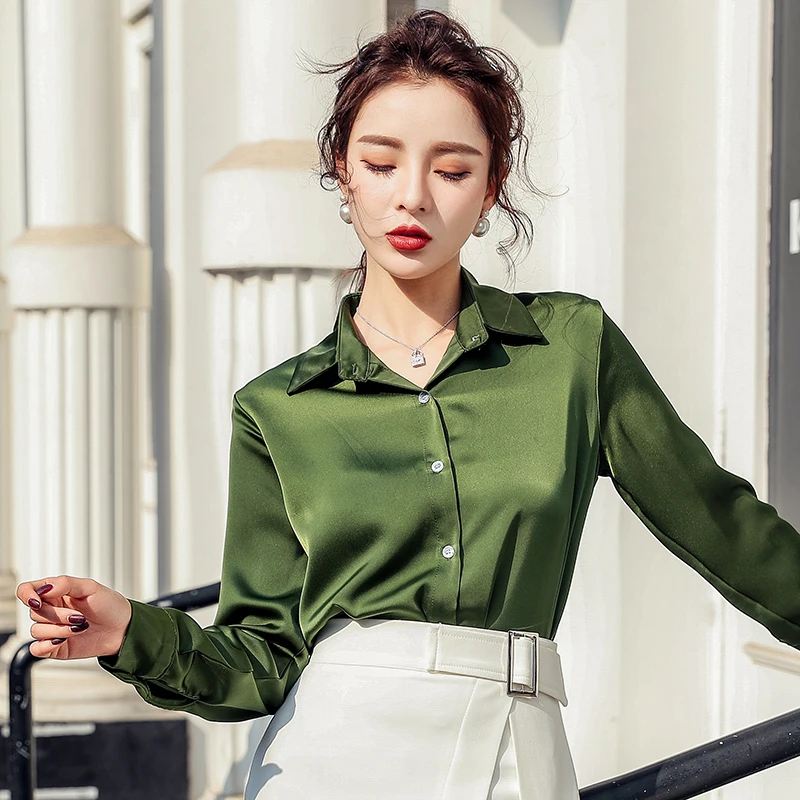 

New 2020 Spring Summer Women's Blouse Loose Shirt Single-breasted Lapel Solid Satin Casual Elegant Shirts Wild Tops CF002