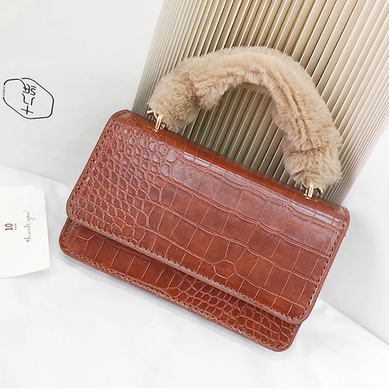 

Mododiino Crocodile Shoulder Bag Chains Crossbody Bag For Women Mini Flap Bag Ladies Bag Handbag With Faux Fur Handle Bag DV1243