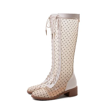 

Summer Korean Style Fashion Women Breathable Mesh Long Knee-High Boots Ladies Cross-tied Zipper Boots large size 41 42 43