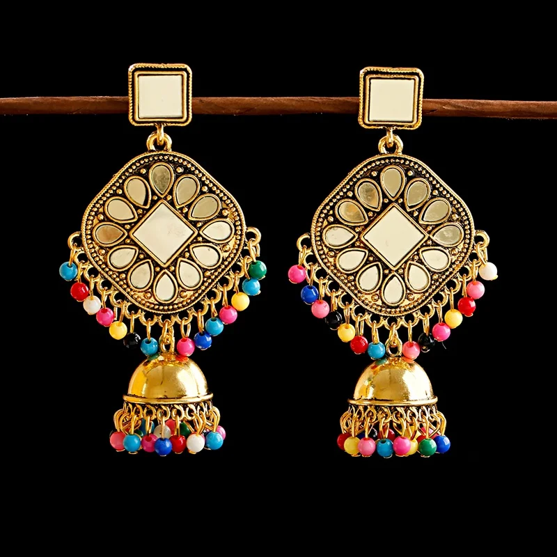 Цыганские серьги с жемчужинами и кисточками в индийском стиле Jhumka для женщин, богемные Ретро Золотые Зеркальные колокольчики, тибетские сережки oorbellen