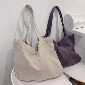 

Corduroy Canvas Shoulder Shopping Bags for Women Shopper Daily Female Casual Large Capacity Foldable Travel Totes Books Handbag