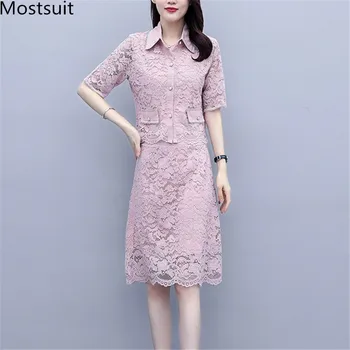 

2020 Summer Elegant Fashion Two Piece Sets Women Short Sleeve Shirt + A-line Knee-length Skirt Suits Office Workwear Ladies Sets