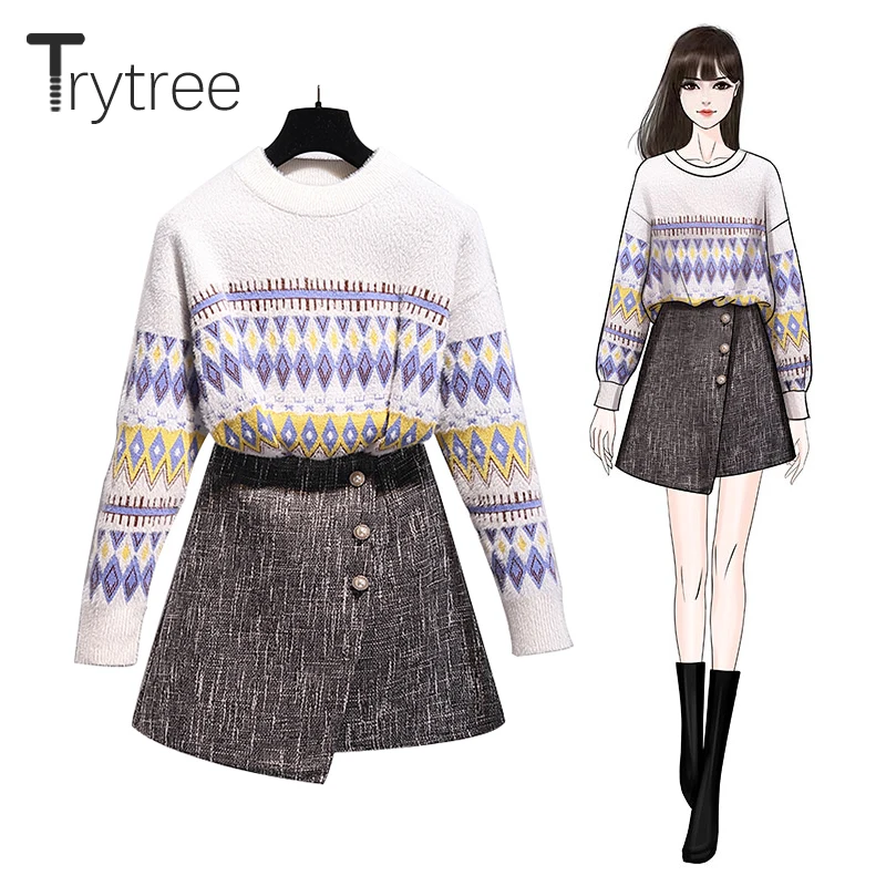 Trytree осенне зимний комплект из двух предметов повседневный вязаный свитер с