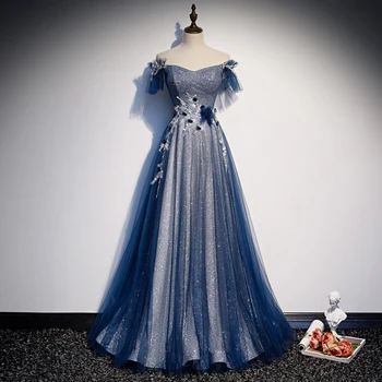 

Blue Women Qipao Elegant Off Shoulder Evening Party Gown Exquisite Bling Prom Formal Party Dress Full Length Robe De Soiree