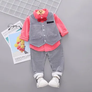 

New Spring Autumn Baby Boys Fashion Clothing Children Gentleman Bow Plaid T Shirt Pants Vest 3Pcs/Sets Infant Leisure Tracksuit