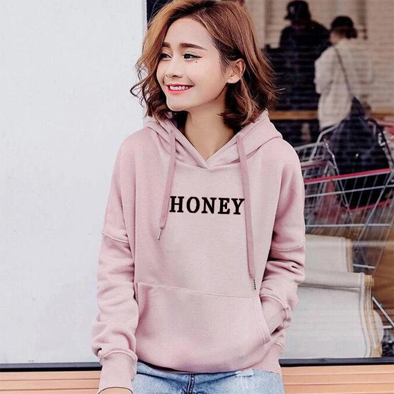 HONEY толстовки повседневные дамские свитшоты весна осень модные толстовки женские с длинным рукавом Свободные махровые карманные Пуловеры Одежда с буквами