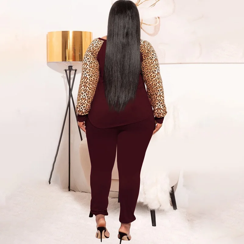 5XL Plus Size Women Sets T Shirt Tops And Pant Suits 2021 Autumn Fashion Leopard Print Casual Large Size Tracksuit Two Piece Set