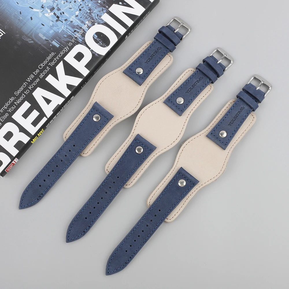 Genuine Leather Watchband 22mm Strap With Mat Handmade Men's Wrist Watch Band Blue White Tray Bands Bracelet Watch Accessories