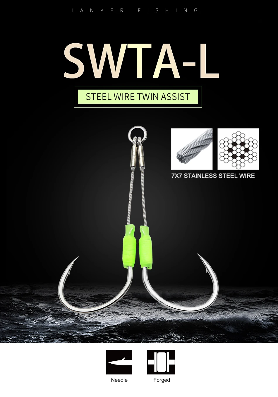 JK 5packs Sea Fishing Hook Steel Wire 7x7 Slow Jigging Size 1/0 2/0 3/0 4/0 5/0 Luminous Double Assist Hook Slow Pitch Tackle