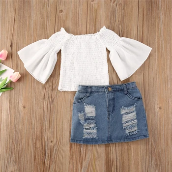 

Fashion 1-6Y Toddler Kid Baby Girl Summer Off Shoulder Tops Shirt Denim Skirts Outfit Set Clothes 2pcs Children Clothing