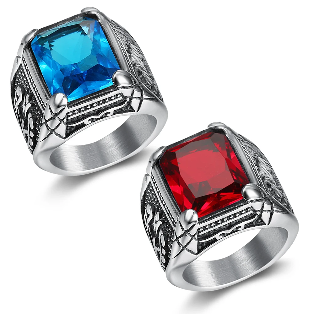 

Fashionable Vintage Red Zircon Stone Anti Silver Finger Rings For Men Male Fashion Stainless Steel jewelry