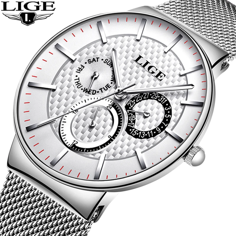 

LIGE Mens Sport Watches Ultra-thin Mesh Belt Watch For Men All Steel Waterproof Clock Chronograph Quartz Watch Relogio Masculino