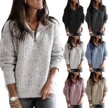 

Autumn Winter 2019 With Zipper Pullover Long Sleeve Sweater Female Fashion Solid Color Loose Splice Sweater Top New Lady Clothes