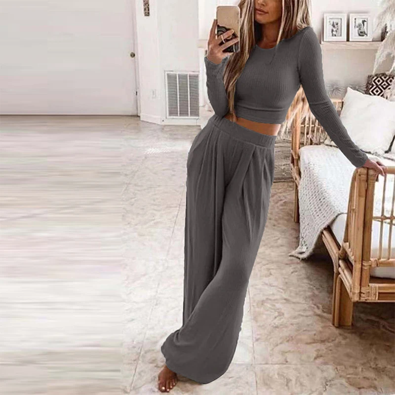 suit set Autumn Women's Solid Knitted Casual Home Wear Slim Tops Two-Piece Wide Leg Pants Set Ladies Clothes Winter Fashion Commuter Suit skirt suit set