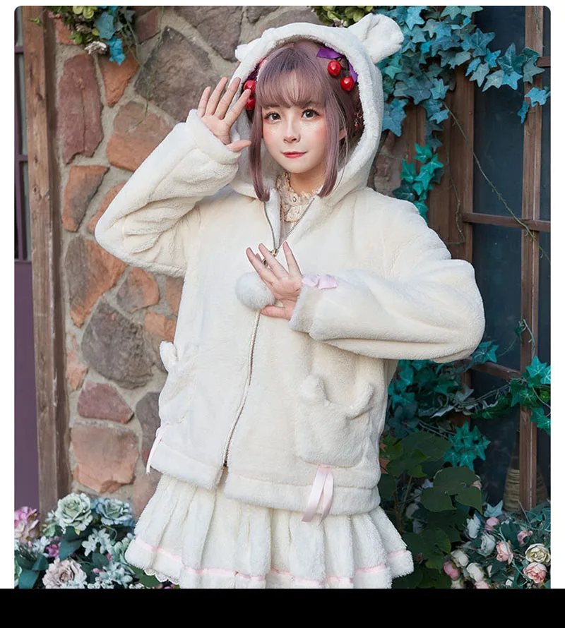 Бархатное пальто с капюшоном в стиле «Лолита»; милая куртка Kawali для девочек; зимний теплый милый свитер из плюша и флиса с заячьими ушками; белая толстовка с капюшоном в японском стиле