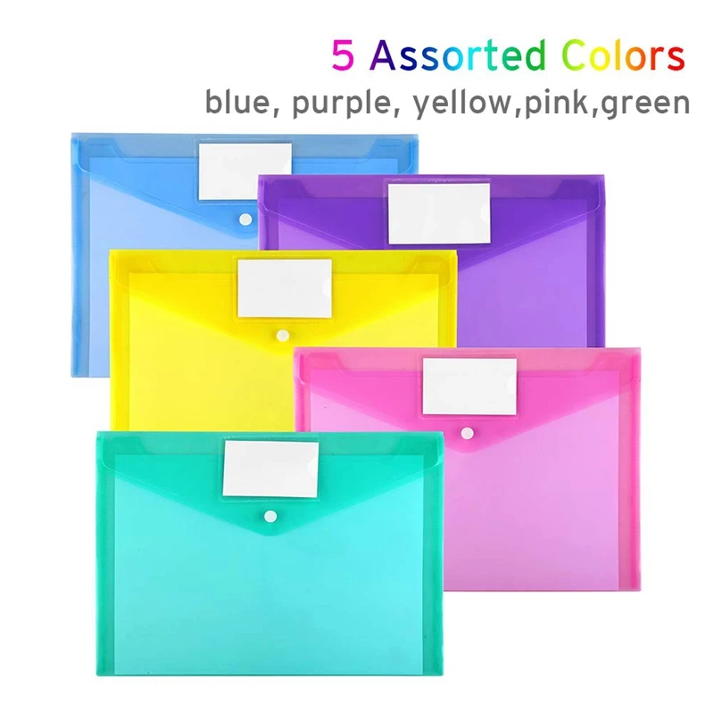 

20 Pack PP Envelopes Poly Envelopes, Clear Document Folder A4 Size File Envelopes with Label Pocket & Snap Button for School Hom