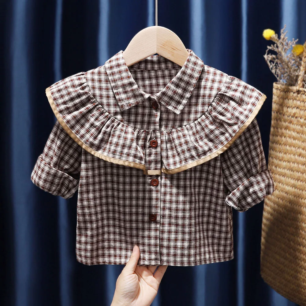 

Клетчатая/Цветочная печать, винтажные хлопковые футболки для девочек, корейские стильные детские топы для девочек, новая детская рубашка с длинным рукавом на весну и осень