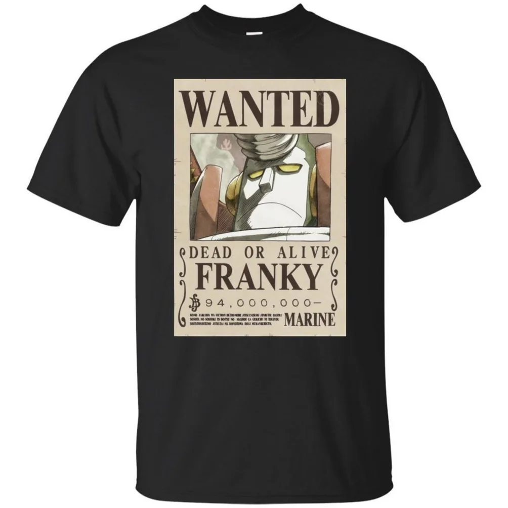 One Piece Anime Franky'S Wanted Poster Tee Sleeve T-Shirt Black Navy Fashion Cool Shirt |