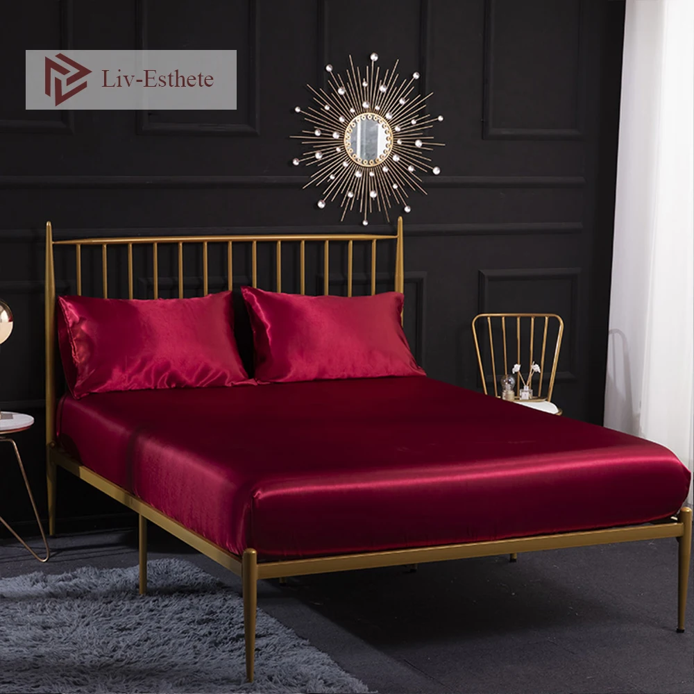 Liv-Esthete Роскошная 100% атласная шелковая винно-красная женская натяжная простыня с