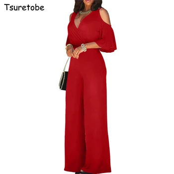 

Tsuretobe Autumn Loose Jumpsuit Wide Leg Pants Women Ruffle Half Sleeve Rompers Hollow Out Elegant Cross Overalls V-Neck Female