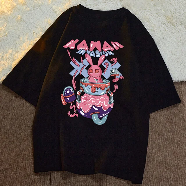 Cute Little Dinosaur Pattern Printed T-Shirt Summer Loose Large Size Multi-Color Cartoons Japanese Tops Y2k Casual Cotton Tees 2164 Black