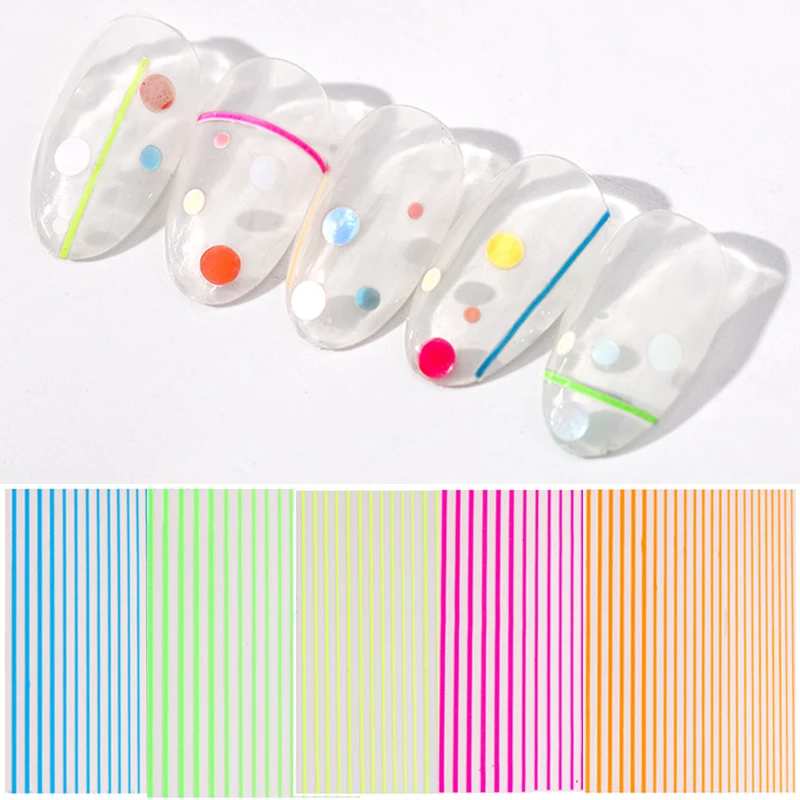 

Fluorescent Nail Stickers Blue Yellow Mixed Colors Stripe Line Design 3D Nail Art Beauty Decorations For Nail Gel Polish
