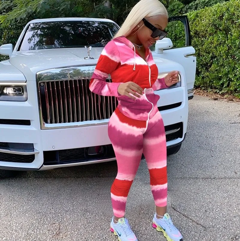 

Tie Dye Two Piece Set Top and Pants Women Tracksuit Hoodie Zipper Jacket Joggers Women Set 2 Piece Matching Sets Ensemble Femme