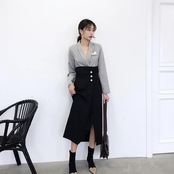 

2019 Korean Two Piece Set High Waist Skirts Midi Open Side Split Fashion Coats Woman Office Women Suit Set Plaid Blazer Female