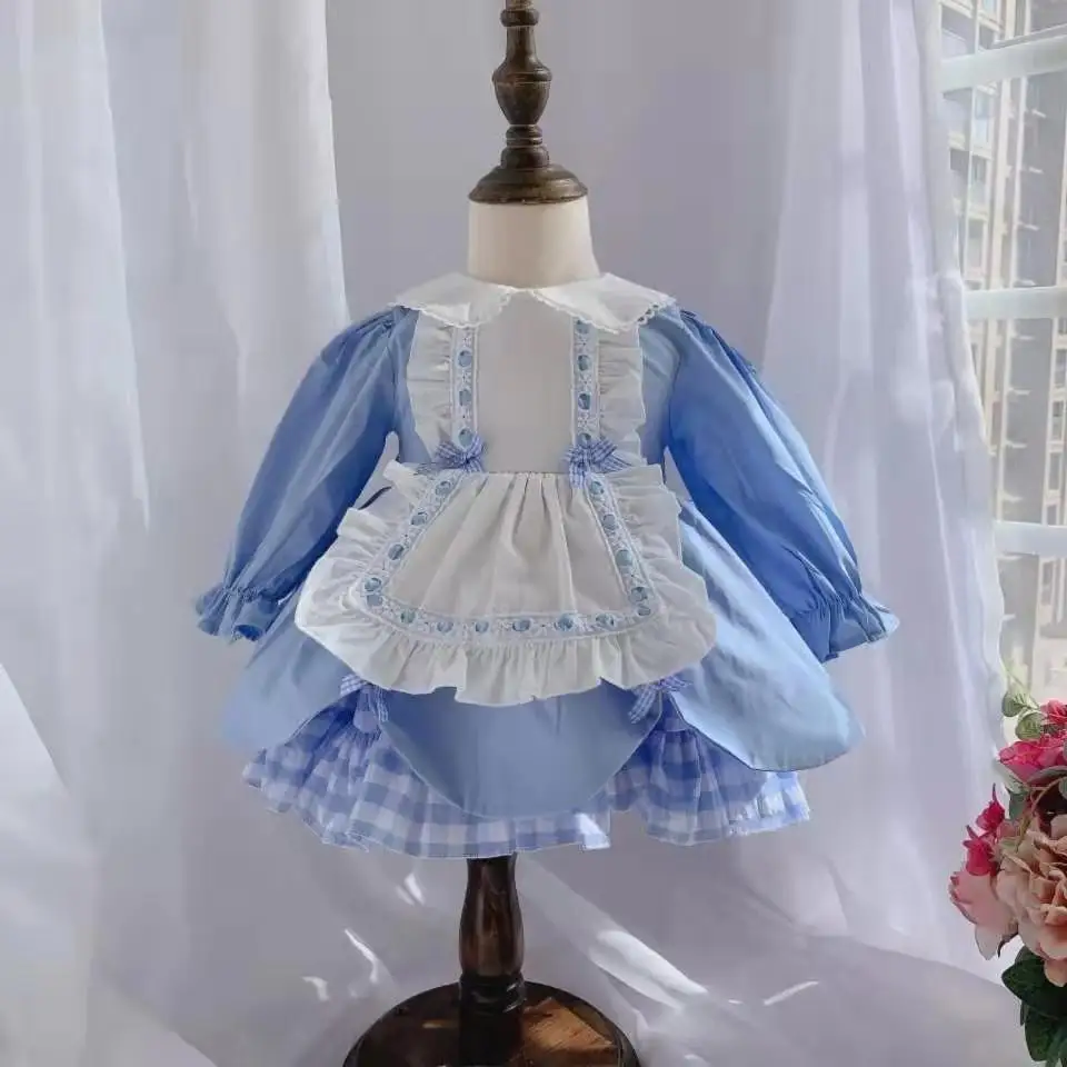Г. Осеннее хлопковое голубое платье принцессы с кукольным воротником и кружевными рукавами из чистого хлопка для девочек зимняя одежда для маленьких девочек