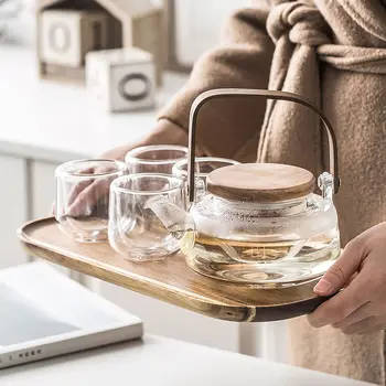 

6pcs Japanese Art Glass Kung Fu Tea Set Home Office Clear Glass Afternoon Tea Flower Tea Cup Luxury Teapot with Wooden Tray Gift