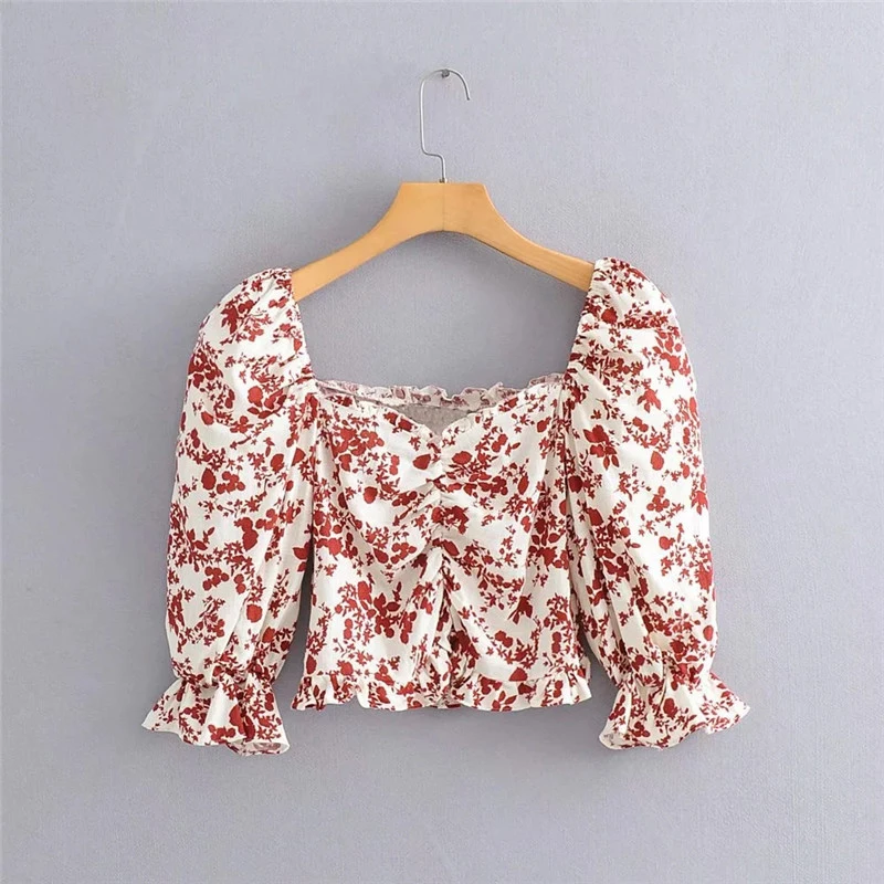 Women Spring Pleated Short Za Blouse Female 2020 Chic Half Sleeve Square Collar Floral Print Shirt For Young Lady Fashion Tops | Женская