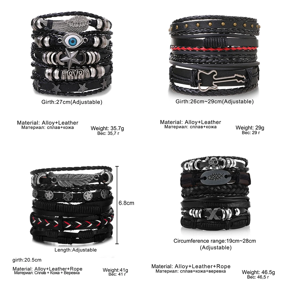 DAXI Punk Multilayer Leather Bracelet Set bracelet jewelry Eye Wings Star Charms Beads Bracelets For Man Party Gothic Jewelry Punk Wrap Wristband