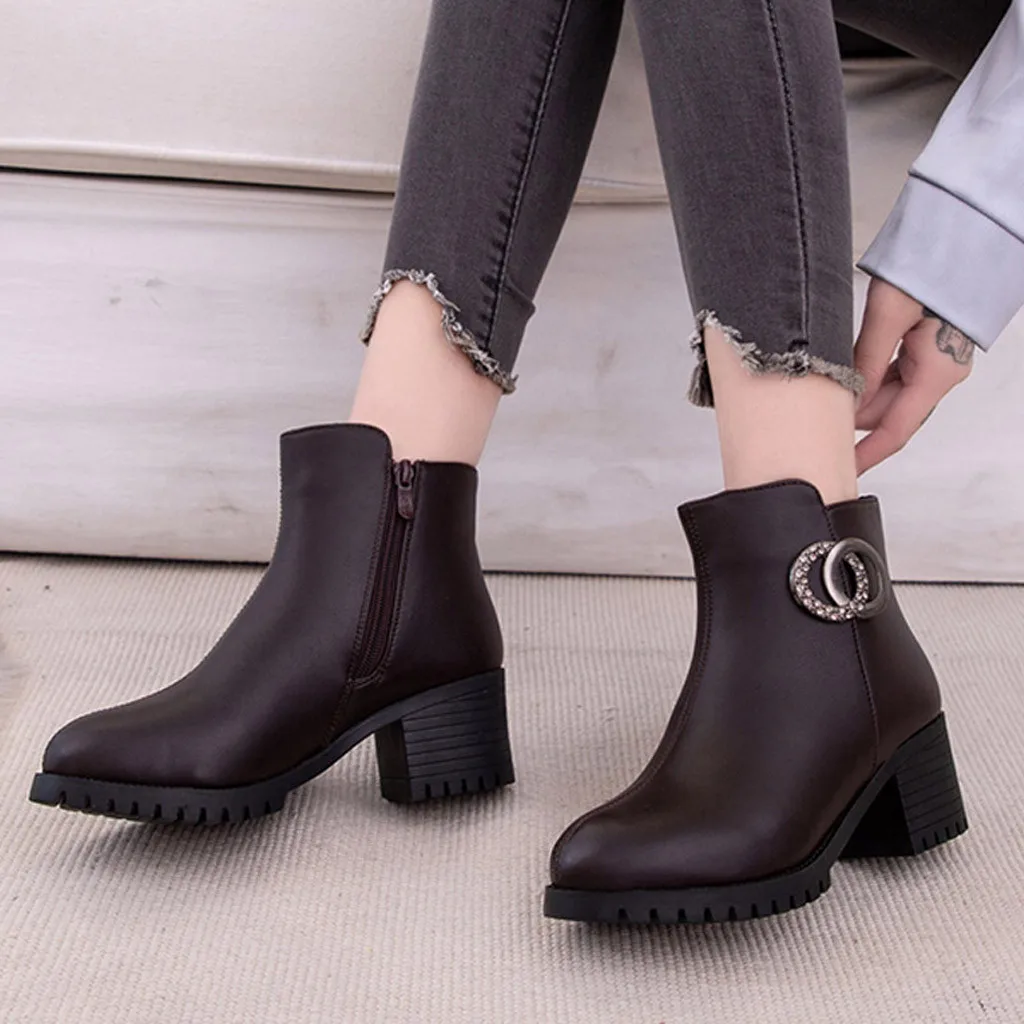 Women's Fashion Ankle Boots Woman Platforms Winter Leather Boot Square Heels Shoes Female Ladies Round Toe Zipper Shoes Footwear