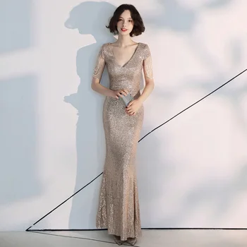 

AE487 Robe De Soiree 2019 Sexy V-Neck Sequined Crystal Long Evening Dresses Fashion Prom Party Dresses