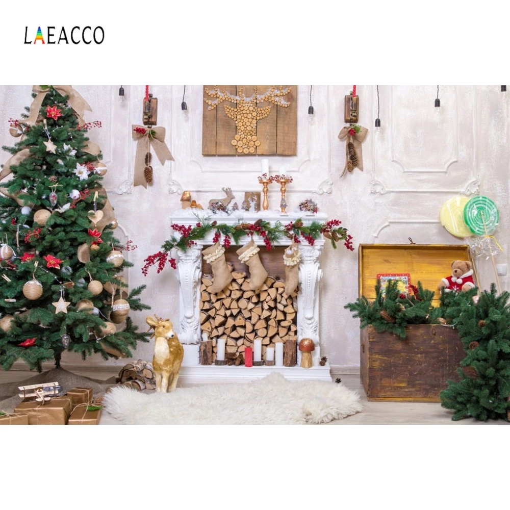 

Laeacco Portrait Photography Backgrounds Christmas Decoration Tree White Wall Fireplace Christmas Backdrops for The Photo Studio