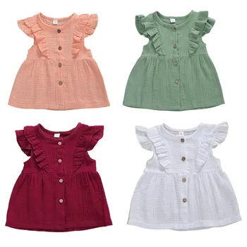 

Summer Infant Baby Girls Short Dress Solid Color Sleeveless Ruffles Sleeve A-Line Dress Holiday Single Breasted Princess Dresses