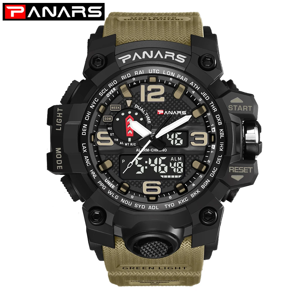 PANARS мужские спортивные цифровые часы водонепроницаемый светодиодный ударопрочный мужской военный электронный армейский наручные часы для улицы многофункциональные часы - Цвет: Khaki