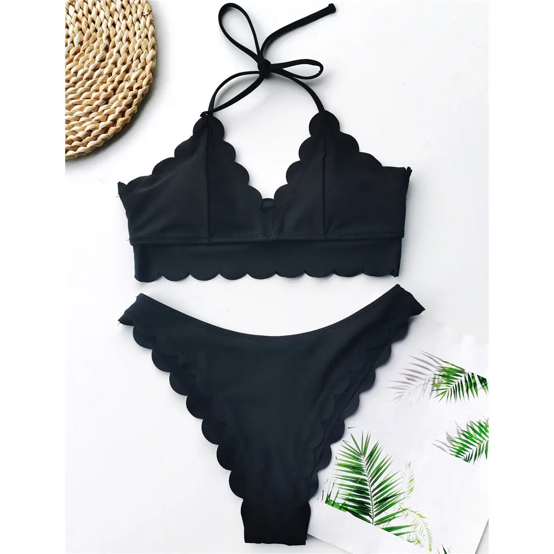 2020 Scalloped Mid Waist Bikini Female Swimsuit Women Swimwear Two-pieces Bikini set Halter Bather Bathing Suit Swim Lady V2446