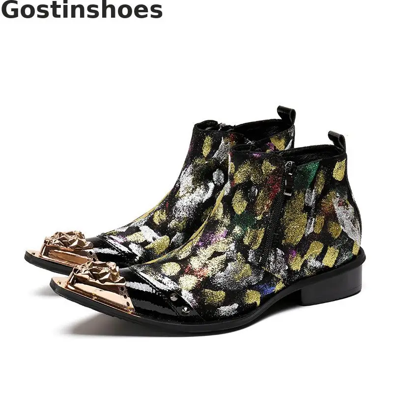 

Spring Autumn Men Ankle Boots Genuine Leather Printed Totem Fashion Men Boots Golden Metal Capped Toe Size Zipper Short Boots