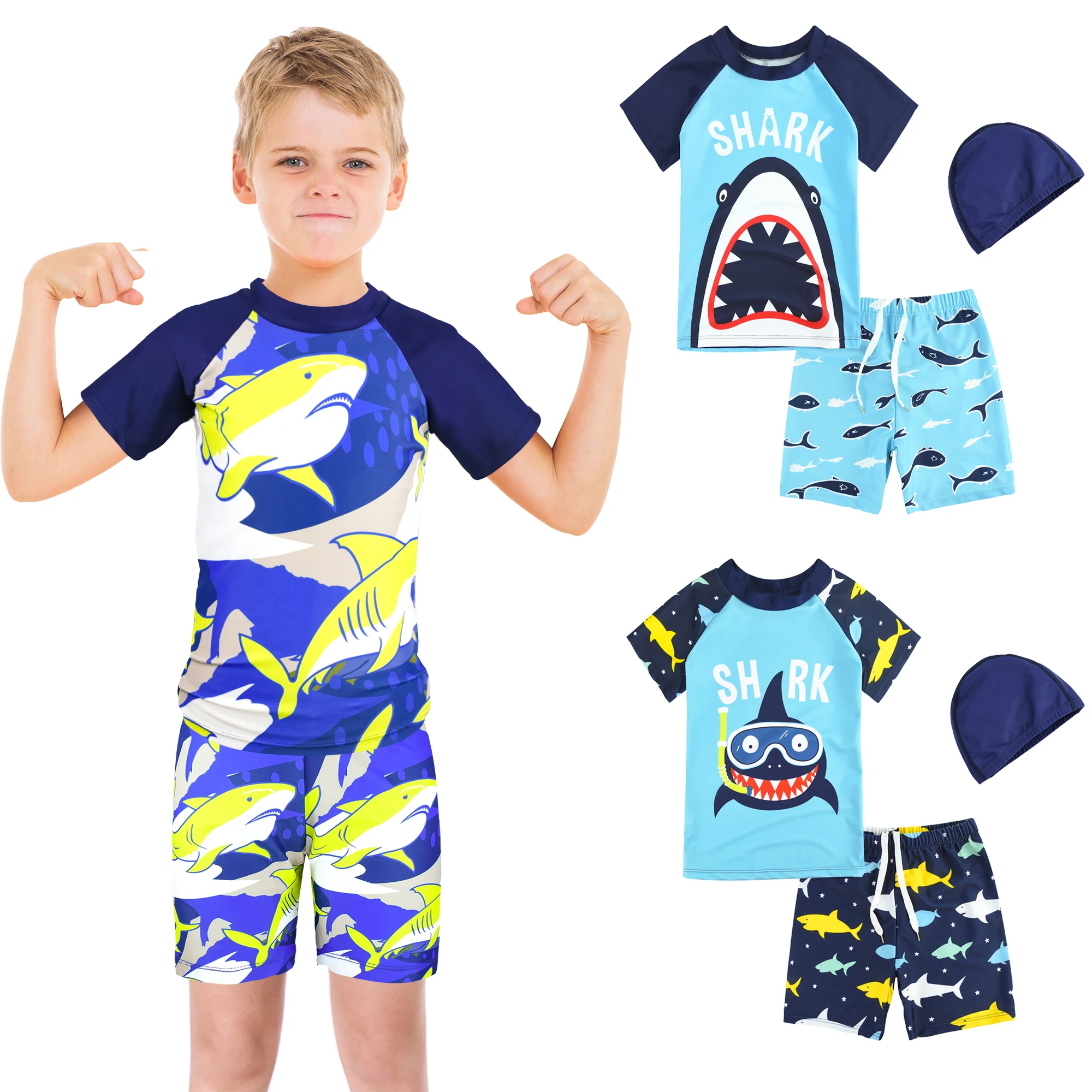 doginthehole Boys Three Piece Rash Guard Swimsuits Kids Short Sleeve Sunsuit Swimwear Sets
